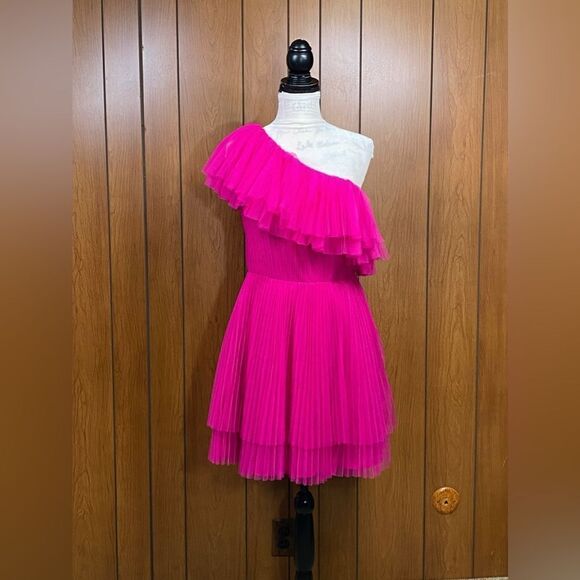 ML Monique Lhuillier One-Shoulder Tulle Pink Cocktail Dress size 10 - Picture 5 of 11